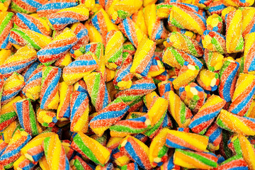 Assorted colorful gummy jelly candies. Top view. Jelly sweets.