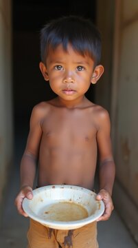 Child From a Developing Country Holds an Empty Bowl, Reflecting Malnutrition and Hardship. Generative AI