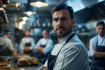 Fototapeta premium Generative AI Depiction of a Professional Male Chef Working in a Busy Restaurant Kitchen