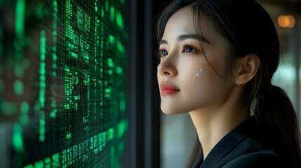 Obraz premium Businesswoman Analyzing AI Green Supply Chain Data Macro Close Up for Sustainable Optimization