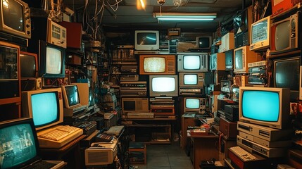 Retro Televisions And Computers Fill A Small Room