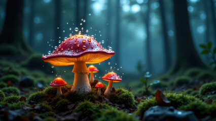 Fototapeta premium Mysterious muscimol mushrooms glow brightly against a dark forest backdrop with dripping water droplets.