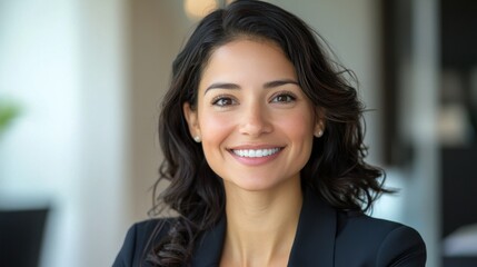 Headshot close up face portrait of young happy smiling Hispanic businesswoman, female company worker or corporate manager, confident business woman entrepreneur looking at camera at work in office.