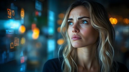 Naklejka premium Frustrated Businesswoman Facing Technology Failures Close Up: Tech Issues in Business Operations