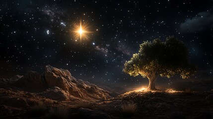 Lone Tree Under a Brilliant Night Sky: Digital Painting of a Starlit Desert Landscape AI Generated