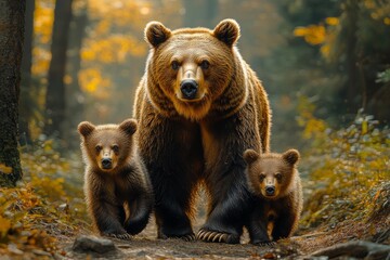 Fototapeta premium A bear with two cubs walking in the forest
