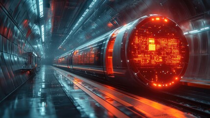 Fototapeta premium Futuristic high-speed train in a sleek, illuminated underground station.