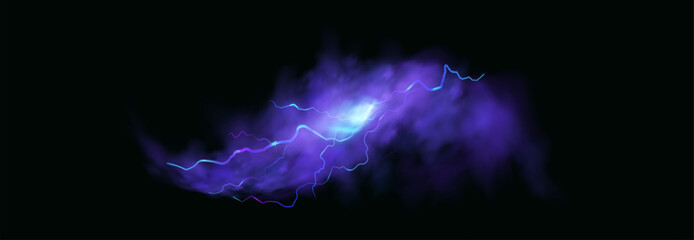 Powerful electrical current energy. Flash of lightning in a magic frame. Neon discharge in smoke effect.
