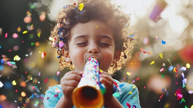 Joyful Child Celebrating with Confetti and a Party Horn