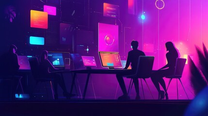 Futuristic Team Meeting with Digital Displays and Vibrant Colors