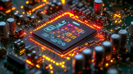 Obraz premium Macro Digital Marketing Microchip with SEO Tools and Icons for Branding Space