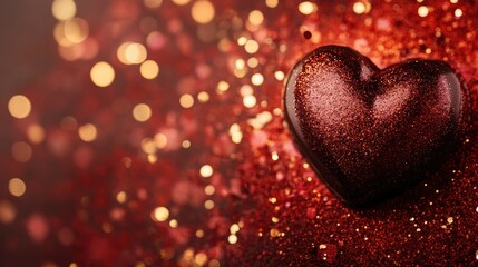 Fototapeta premium A creative shot of a heart-shaped box of chocolates with a background of red and gold glitter.