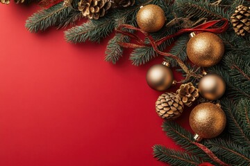 Elegant holiday frame with pine branches, golden decorations, and festive ribbons on a bold red background. Ideal for Christmas banners or New Year card designs with text space.