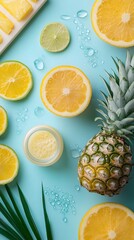 Vibrant arrangement of fresh fruits with a pineapple and citrus on a turquoise background.