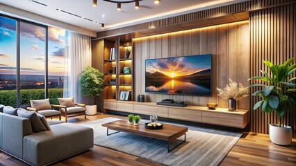 Fototapeta premium Modern Living Room with TV on Stylish Cabinet - Contemporary Interior Design, Cozy Atmosphere, Minimalist Aesthetic, Elegant Furnishings, Bright Natural Light, Relaxing Space