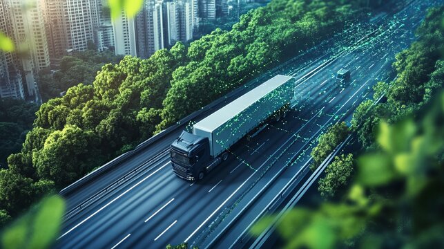 Green logistics concept with environmentally friendly transportation utilizing clean energy sources, aiming for sustainable global transport practices. 