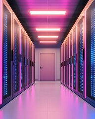 Fototapeta premium A modern data center hallway illuminated by vibrant pink and blue lights, featuring rows of server racks and a door at the end.