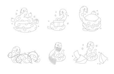 Collection of outline cartoon cute holiday snakes. Christmas and New Year. Vector illustration, winters coloring book for kids.