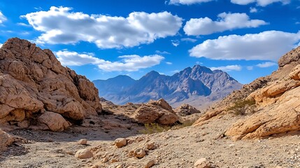 Fototapeta premium Dramatic Rocky Mountain Ranges Under Cloudy Sky in Arid Desert Landscape