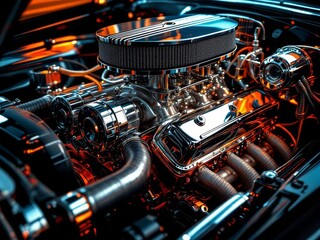 Fototapeta premium Beneath the hood, a classic engine's restoration shines bright.