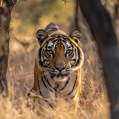 eye level shot of wild female bengal tiger or tigress close up or portrait with eye contact in hot summer season safari at ranthambore national park sawai madhopur rajasthan india - panthera tigris