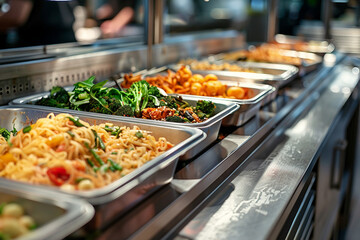 Obraz premium Vibrant College Canteen and Professional Kitchen Setup for School and University Dining cooking place, Generative AI
