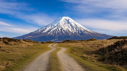 Fototapeta premium Winding Mountain Path Leading to Snow-Capped Peak in Serene Countryside Adventure