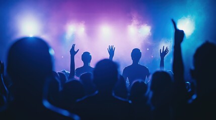 Concert Crowd Silhouettes, Stage Lights, Energetic Atmosphere, Music Festival