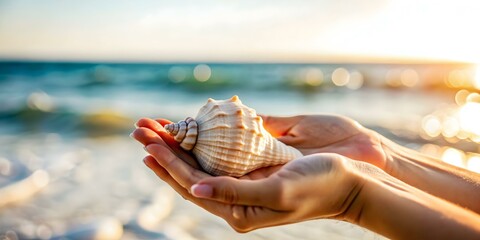 Macro Photograph of Hands Holding Seashell with Ocean Background | Mindfulness & Connection to Sea