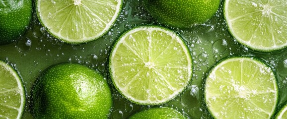 Sliced limes rest on the surface of water, surrounded by bubbles, highlighting the vibrant green color and juicy texture. This scene evokes a refreshing, summery atmosphere