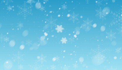 Beautiful falling snow flakes wallpaper. Snowfall dust freeze granules. Snowfall sky white teal blue background. For banner, card and poster
