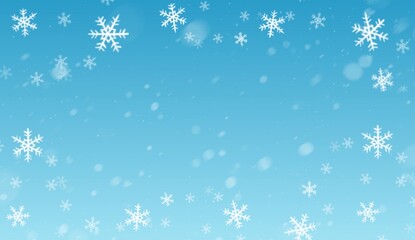 Frame falling snow flakes background. Snowfall dust freeze granules. Snowfall sky white teal blue gradient background. 