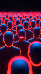 Obraz premium Cyber Bullying Abuse Awareness Support Concept. A vibrant crowd of glowing, faceless figures in blue and red, creating a striking visual contrast that evokes a sense of anonymity and crowd dynamics.