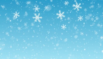 Beautiful falling snow flakes wallpaper. Snowfall dust freeze granules. Snowfall sky white teal blue background. For banner, card and poster
