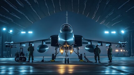 Dramatic Nighttime Scene of Military Jet in Hangar with Ground Crew Illuminated by Blue Lights and Tactical Equipment Ready for Operations