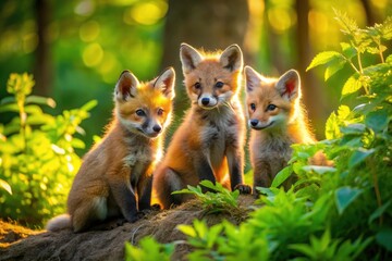 Obraz premium Playful Red Fox Kits in Spring Forest - Adorable Wildlife Photography of Vulpes vulpes in Canadaâ€™s Natural Habitat