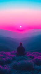 Obraz premium Contemplative person watching a vivid sunset over tranquil mountains.