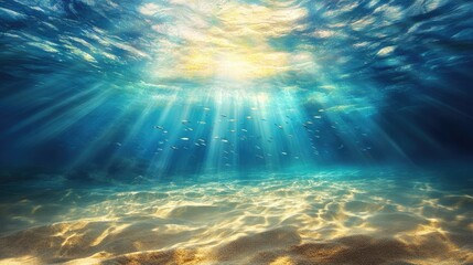 Fototapeta premium A dense school of fish swimming near a sandy ocean floor, with sunlight filtering through the waves.