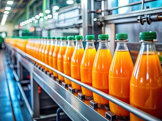 Precision in Production: Close-Up of Orange Fruit Juice Bottles on a Bottling Line in a Well-Lit Factory Setting, Showcasing Quality Control and Efficient Manufacturing Processes