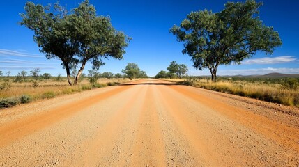 Naklejka premium Scenic Dirt Road Winding Through Lush Countryside Landscape