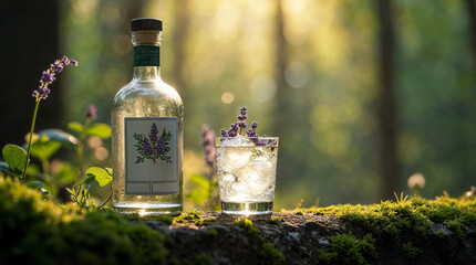 Ginebra de lavanda con vaso servido en entorno natural al atardecer