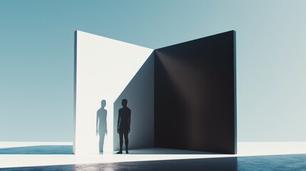 Obraz premium Two silhouetted figures stand in a minimalist, contrasting geometric space of light and shadow. The image explores themes of duality, partnership, and choices within stark contrasts.