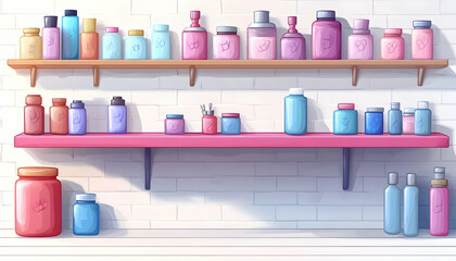 Colorful bottles and jars on wooden shelves against a white brick wall.