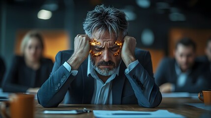 Fototapeta premium Business Team Burnout During High Pressure Meeting | Emotional Toll of Work Stress | Photo Stock Concept
