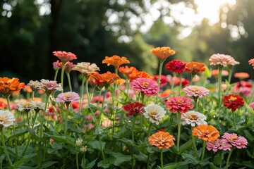 Vibrant Zinnia Flowers Blooming in a Lush Garden with Soft Sunlight Illuminating Colorful Petals, Creating a Beautiful Nature Scene in Summer Season