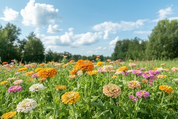 Fototapeta premium Vibrant Summer Flower Field with Colorful Zinnias Under a Bright Blue Sky and Fluffy Clouds in a Peaceful Nature Setting