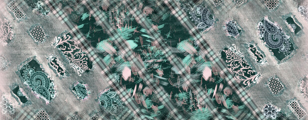 Abstract hand drawn seamless pattern with geometric and brush painted elements. brush textured colorful background. Modern poster, card, textile, wallpaper template, wrapping paper designs.
