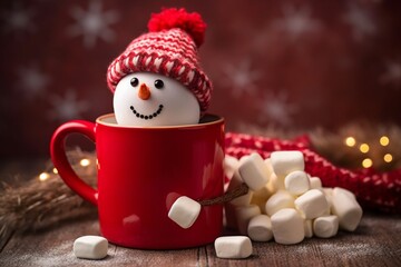 Christmas hot chocolate with marshmallow snowman on cozy blur background with copy space