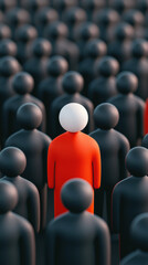 Cyber Bullying Abuse Awareness Support Concept. A striking visual of a crowd, featuring a single red figure among numerous black figures, symbolizing individuality and standing out.