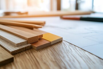 Fototapeta premium Collection of Wooden Planks and Crafting Tools on a Light Wooden Surface with Drafting Paper in the Background, Ideal for DIY Workshops and Home Improvement Projects